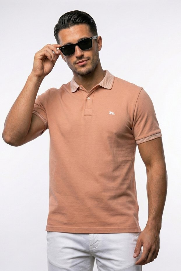 Salmon Polo Collar Men's T-Shirt Regular Fit 100% Cotton with Striped Collar Detail