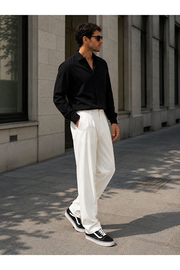Men's Baggy Wide Casual Pleated Elastic Waist Fabric Pants