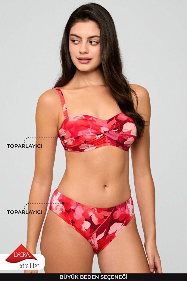 Bluren Strapless Patterned Bikini Set Red - 2