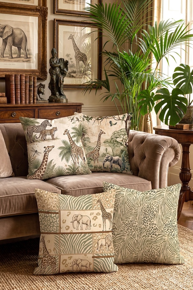 African Safari Patterned 4-Piece Throw Pillow Cover Set