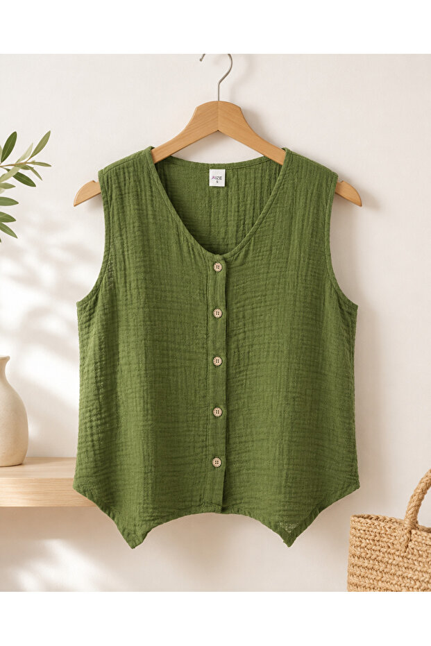 Women's 100% Cotton Muslin V-Neck Buttoned Sleeveless Blouse Summer Shirt