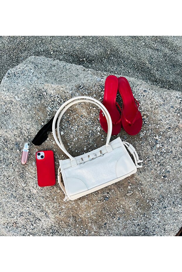 Cream Straw Women's Hand and Shoulder Bag with Front Belt Detail