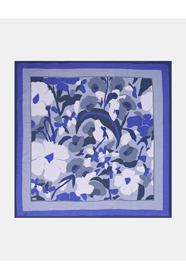 Retro Floral Patterned Viscose Scarf Indigo