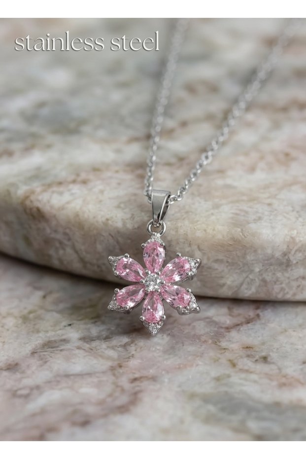 316L Steel Chain Silver Color Pink Zircon Stone Lotus Model Necklace