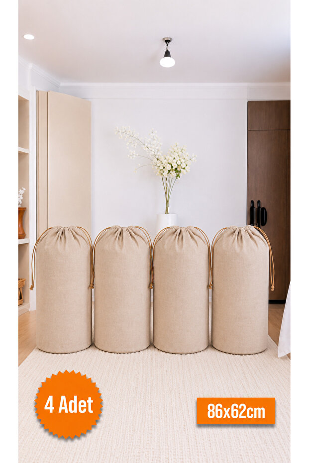 4 Pieces Beige Drawstring Storage Bag Xlarge 86X62 cm - Moving Bag - Quilt Pillow Laundry Storage Bag