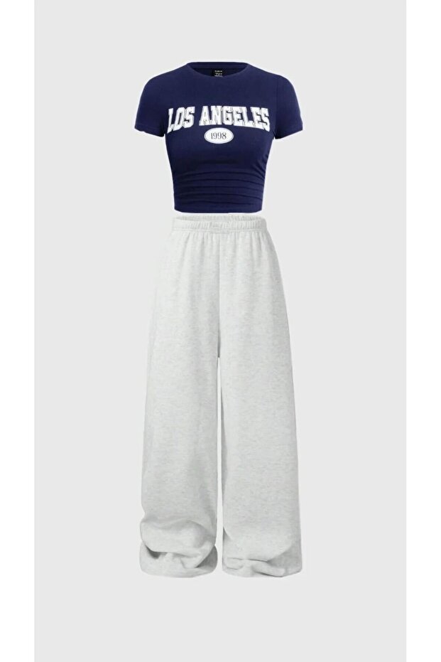 Children's Short Sleeve Printed Crop T-Shirt Grimelange Wide Leg Sweatpants Set