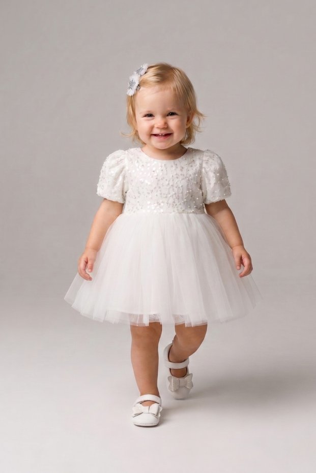 White Sequined Beaded Short Sleeve Baby Girl Dress - Gloria