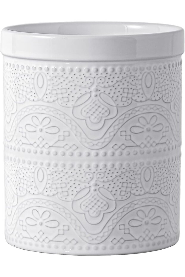 Kitchen Utensil Holder, 7.2" Super Large Utensil Crock Heavy and Stable Lace Emboss Ceramic Utensil Holder for Kitchen Counter (Bright White)