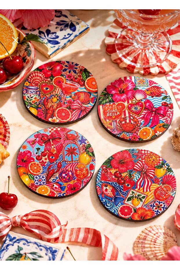 Ciao Bella Summer Themed Set of 4 Coasters, 9 cm Mdf Wood