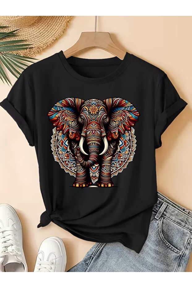 Women's Tribal Elephant Printed Oversize T-Shirt Loose Fit