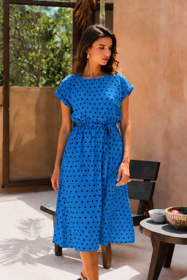Women's Blue Polka Dot Elastic Waist Tie Dress Arm-26Y001121