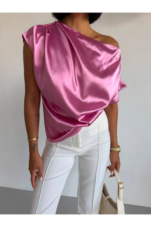 Women's Candy Pink Off Shoulder Short Sleeve Satin Blouse