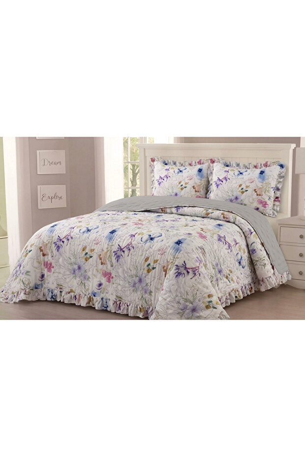 Ruffle Detailed Patterned Double Bedspread Set 240X260 cm – Soft Pique Set with Muslin Texture + 2 Pillowcases