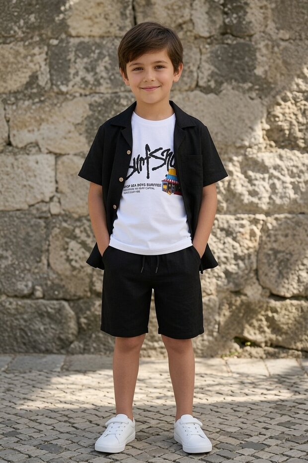 Black Short Sleeve Shirt, Printed T-Shirt, Boy's Shorts, 3-Piece Set 24593