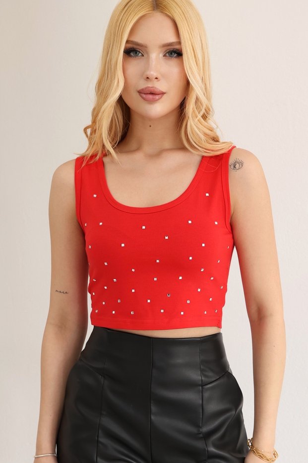 Crystal Stone Premium Cotton Women's Wide Strap Basic Crop Blouse Open Waist Sleeveless Tshirt Body