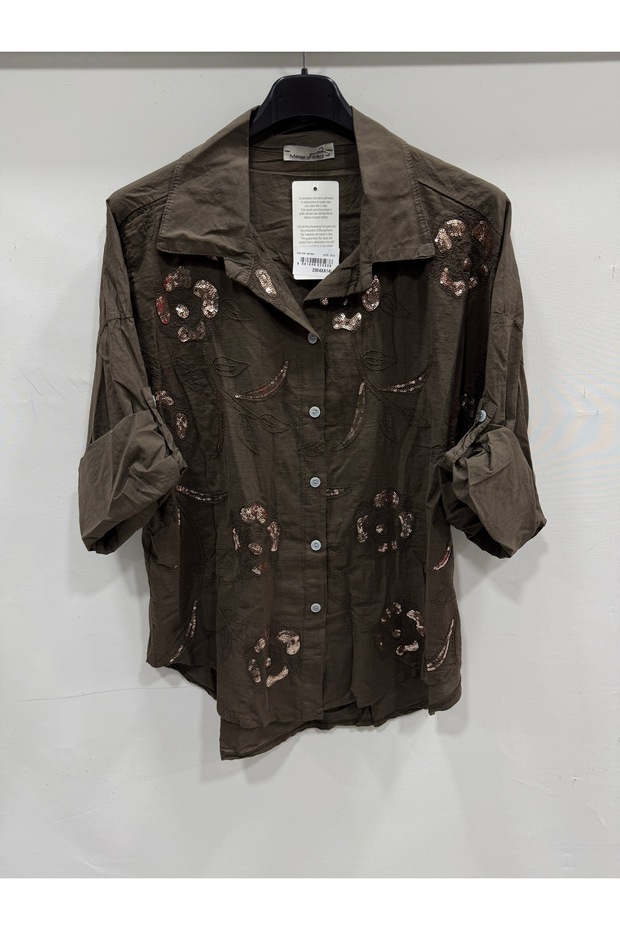 Women's Brown Italian Large Size Floral Embroidery Sequin Embroidered Foldable Long Sleeve Shirt 42 - 48 Size