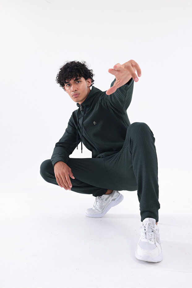 Honeycomb Textured Zippered Hooded Embroidered Logo Men's Tracksuit Set