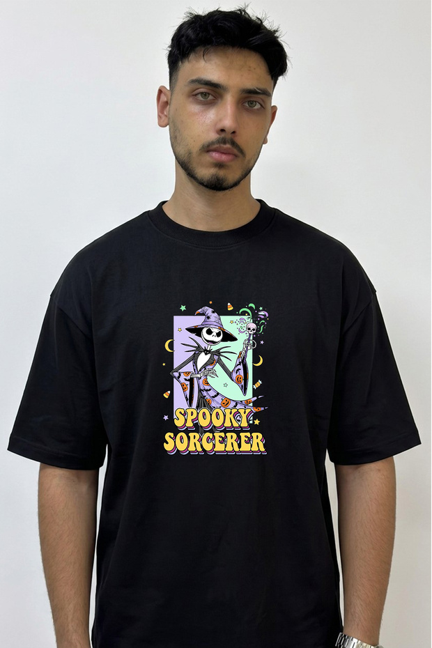 Jack Skellington_2 Design Printed Oversize Black T-Shirt