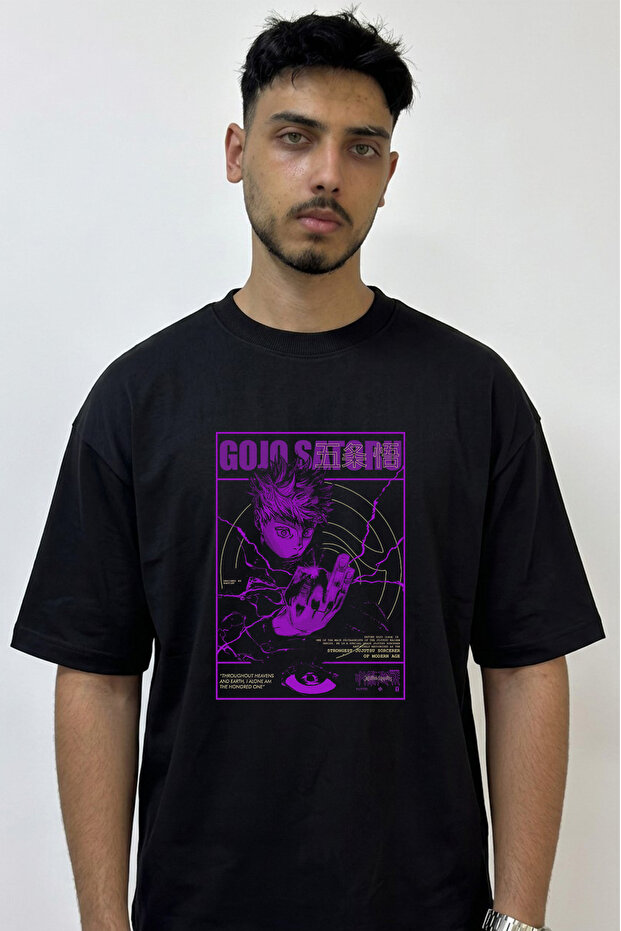 تي شيرت أسود كبير الحجم مطبوع بتصميم Gojo Satoru_49