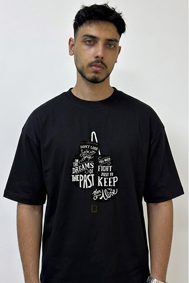 Boxing Glove Design Printed Oversize Black T-Shirt