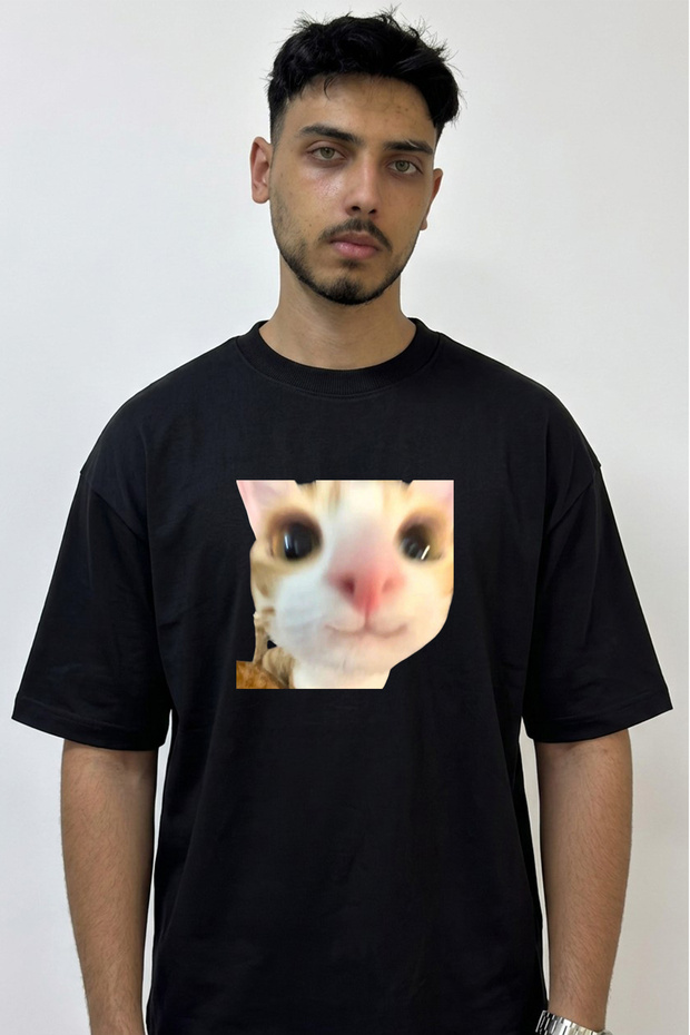 Cat Meme Design Printed Oversize Black T-Shirt
