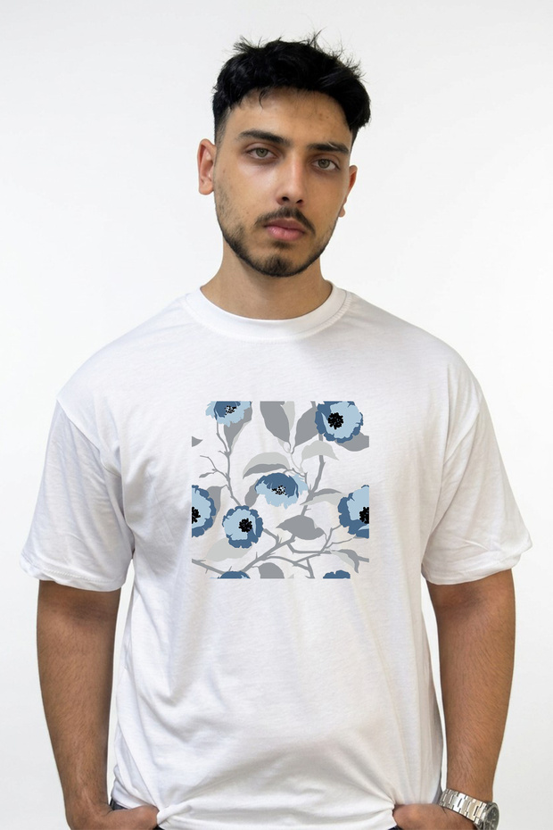 Flower Pattern Design Printed Oversize White T-Shirt
