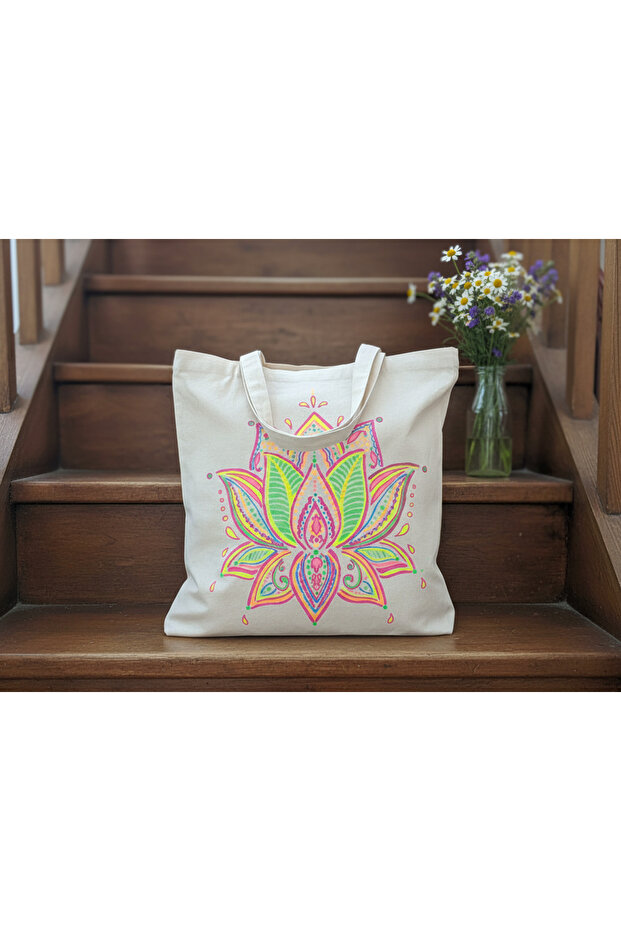 Lotus Bloom Hand-Painted Canvas Tote Bag