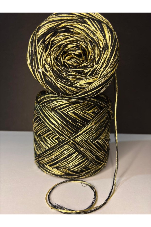 Black Mercerized Viscose, Gold Sequins (6 Layers of Wrapping) (Summer, Seasonal) Knitting Yarn 200Gr