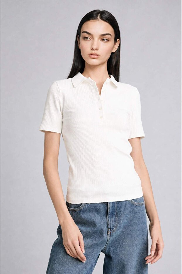 Slim Fit Ribbed Short Sleeve Polo Ecru T-Shirt E6577Ax25Sp