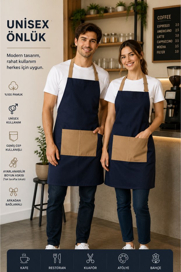 Gtb Premium Unisex Adjustable Strap Gabardine Kitchen and Barista Apron – Navy Blue/Mink