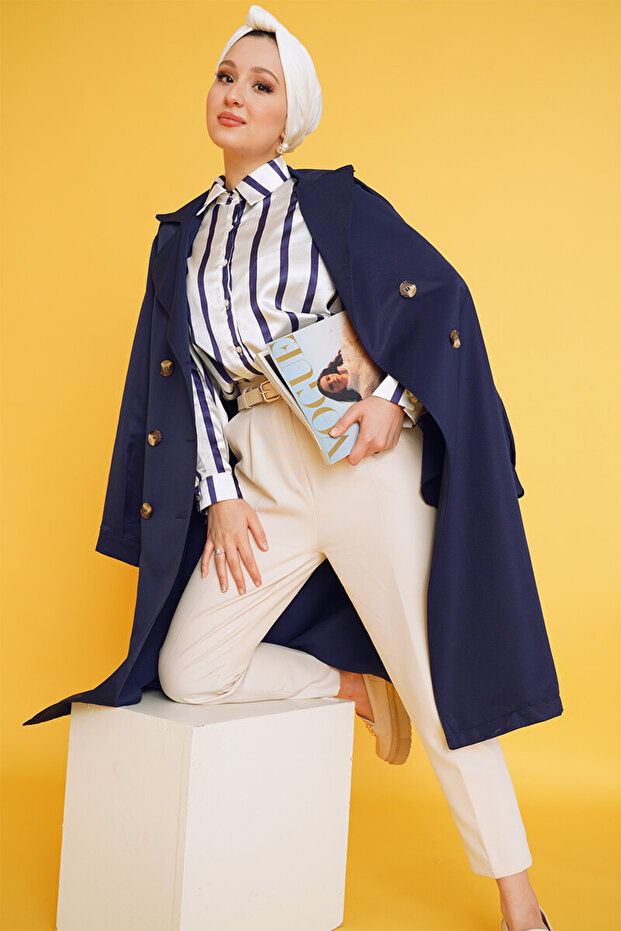 Women's Double-Breasted Collar Hijab Trench Coat Navy Blue 1210
