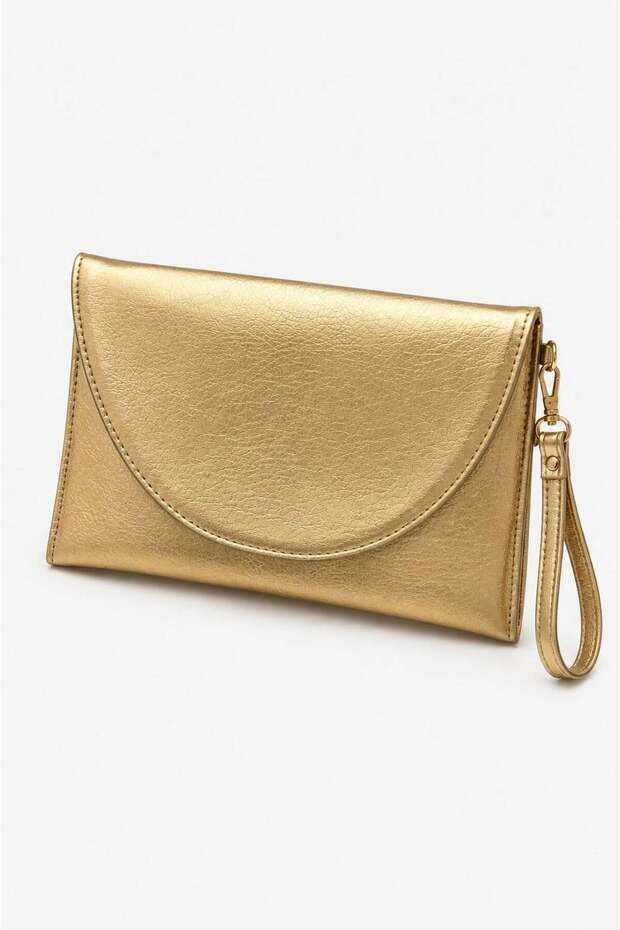 Gold Women's Clutch Bag with Curved Cover Portfolio Handbag