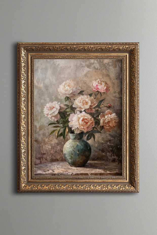 Peony Flowers in a Vase – Vintage Patterned Painting – Thick Model