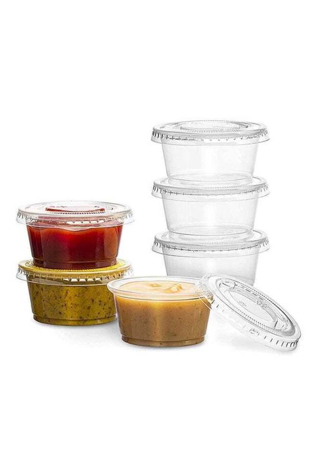 Pack Of 100 Condiment Cups, Sauce And Dip Container Plastic Disposable Portion Cups With Lids (2 oz)