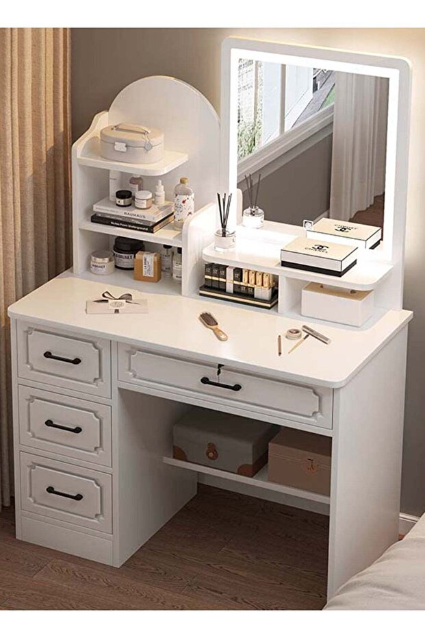 Modern Minimalist Dressing Table For Bedroom With Led Mirror And Drawer Storage, Vanity Table For Make Up