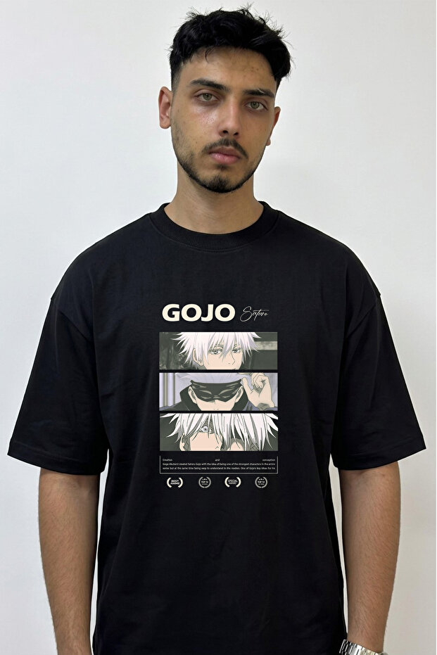 Gojo Satoru_16 Design Printed Oversize Black T-Shirt