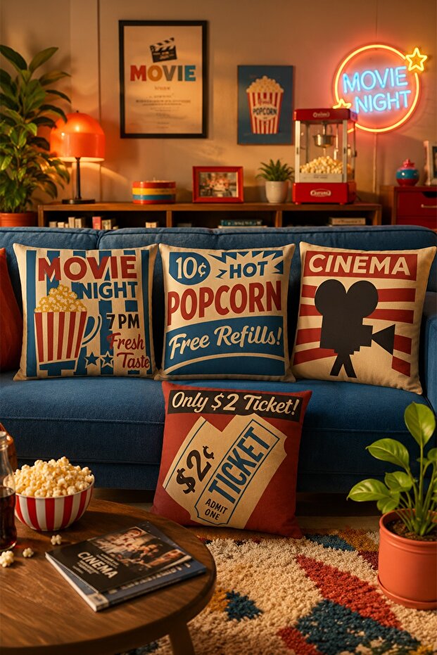 Retro Film Patterned 4-Piece Throw Pillow Cover Set