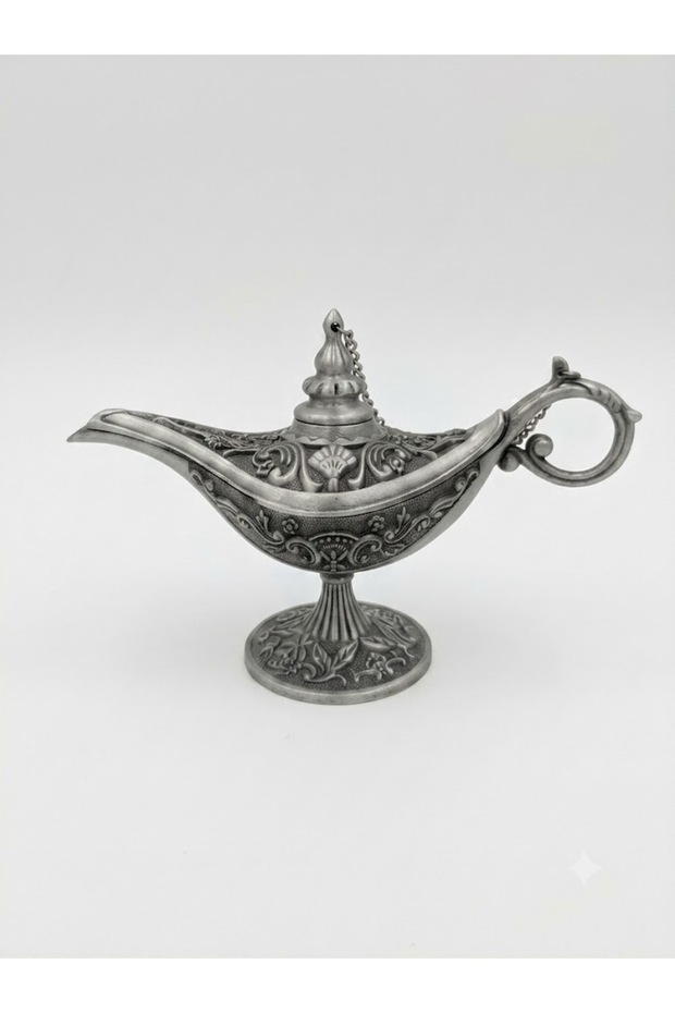 Aladdin Genie Magic Lamp, Antique Style, Intricate Engraved Floral Design, Available in Grey