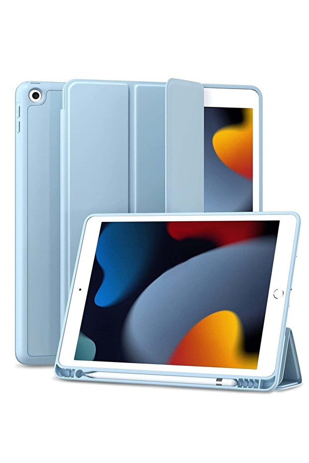 Smart Folio Soft TPU Protective Case Cover with Apple Pencil Holder for iPad 8th/7th Gen - Sky Blue