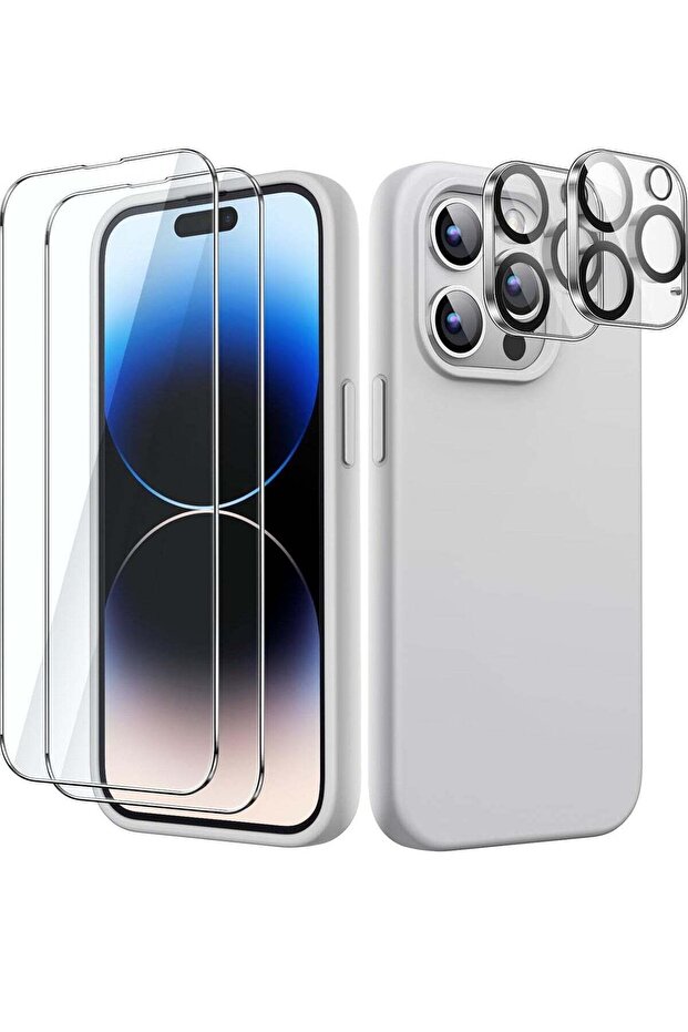 5 in 1 Silicone Case for iPhone 14 Pro Max 6.7-Inch, with Screen & Camera Protector (Silver)
