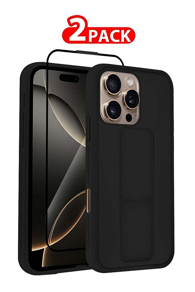 2-Pack Premium PU Leather Case & Screen Protector for iPhone 16 Pro Max – Shockproof, Anti-Scratch, Stand Function, Finger Grip Case Cover (Black)