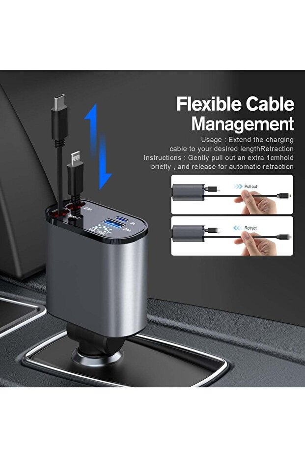 Car Charger with Retractable Type-C Cable – Compact and User-Friendly Design