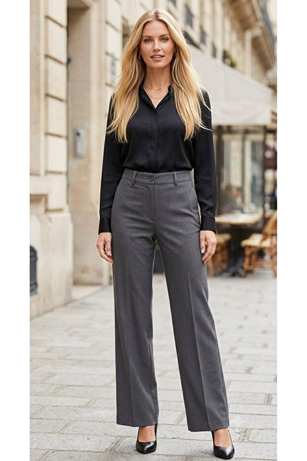 Button + Zipper Closure, Easy-Iron High Waist Custom Made Fabric Pants - Gray