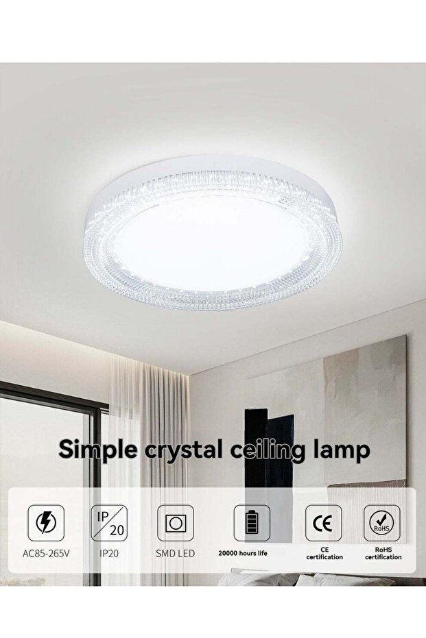 24W Round Crystal LED Ceiling Light, 18cm Flush Mount Lamp, 3-Color Temperature, Flicker-Free
