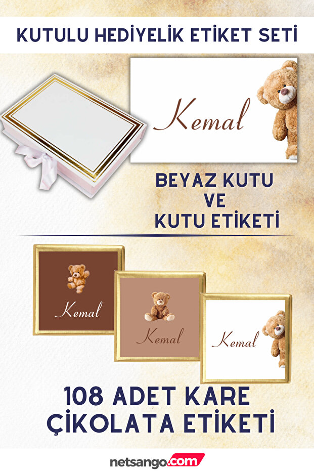 Coffee Teddy Bear Gift Label Set - White Box, 108 Chocolate Labels, 2 Box Labels