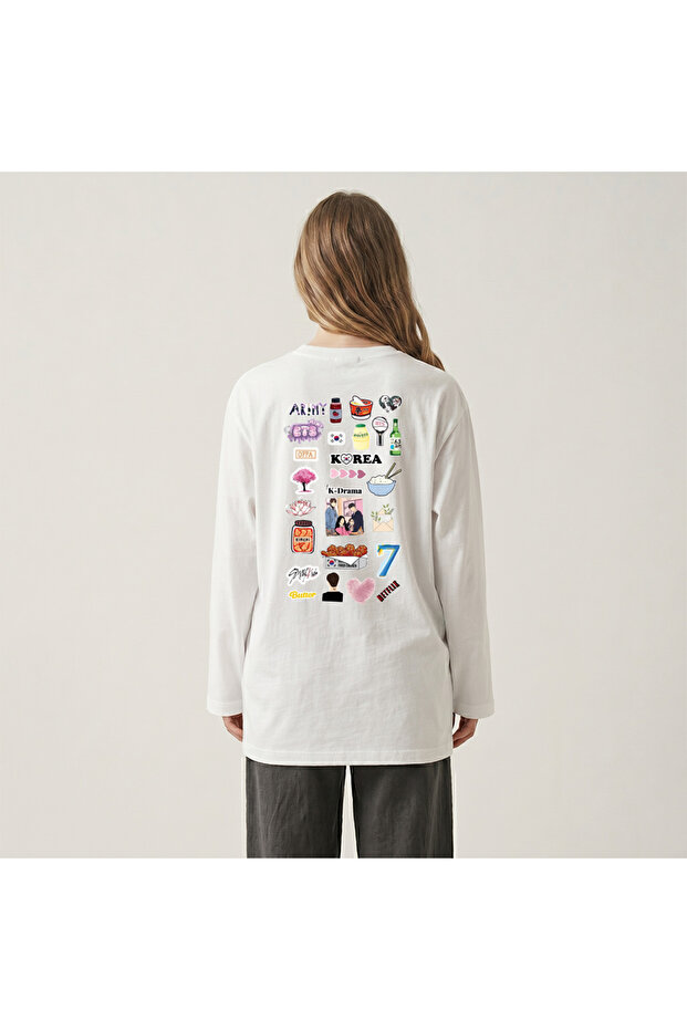 Nubarco White Oversize Wide Cut Long Sleeve 100% Cotton Summer Korean Food Printed Tshirt