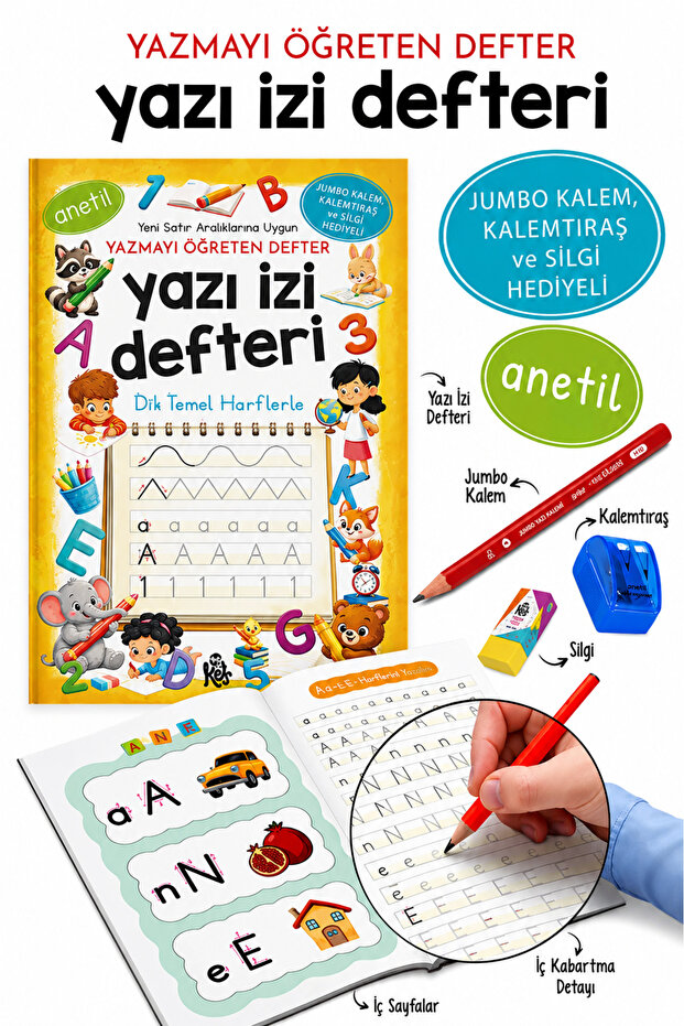 Writing Trace Notebook Anetil | Activity Notebook for Teaching Writing with Embossed Letters | Pen Set and Pen Gift