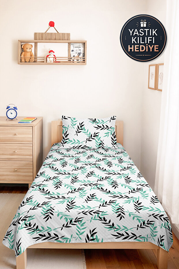 Green Leaflet Young Room Single Pique Set - Black Botanical 160X220 cm Quilted Bedspread