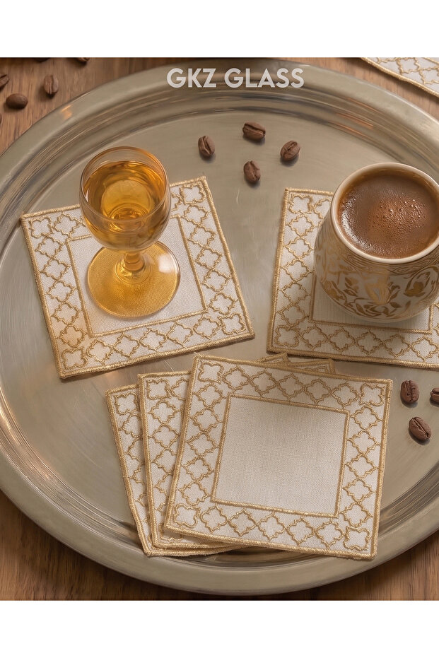 6 Linen Fabric Embroidered Coffee Side Cocktail Napkins & Coasters Serving Napkins