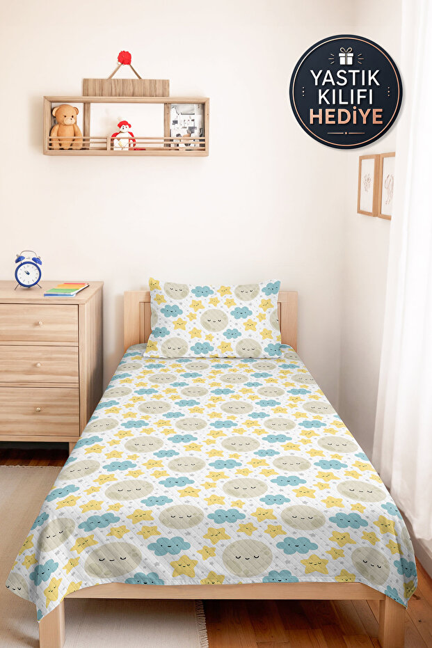 Moon Cloud Star Blue Children's Pique Set - Pastel Yellow Gray 160X220 cm Quilted Bedspread
